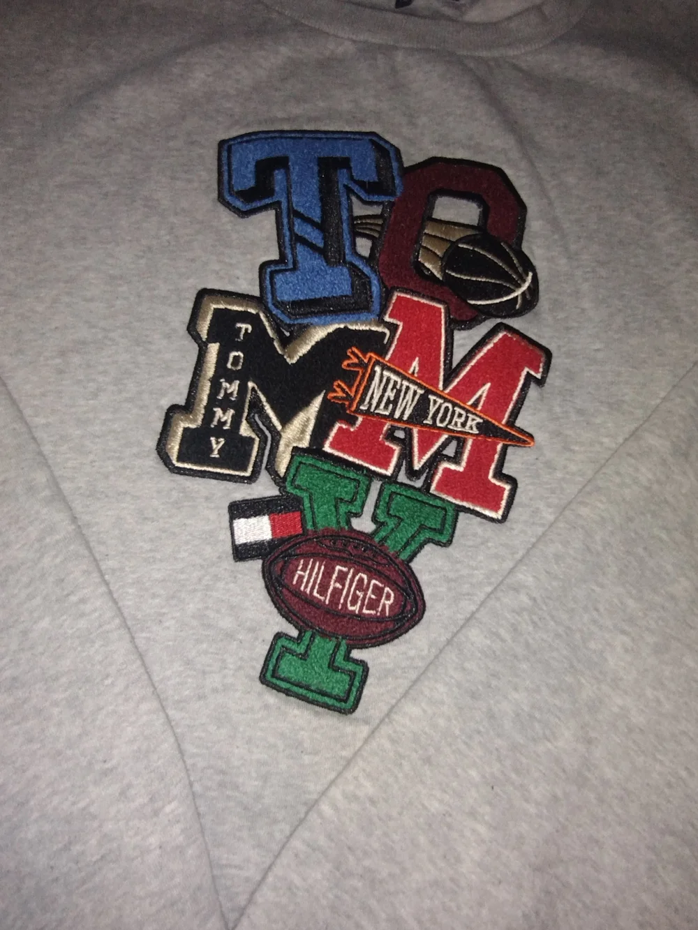 Tommy Hilfiger Light Gray Crewneck Sweatshirt with Multicolor Logo Patches